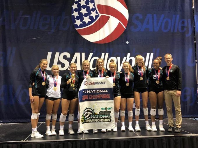 Seniors Rylee Fay and LeeAnn Potter pose with their team after they won the junior national championship.