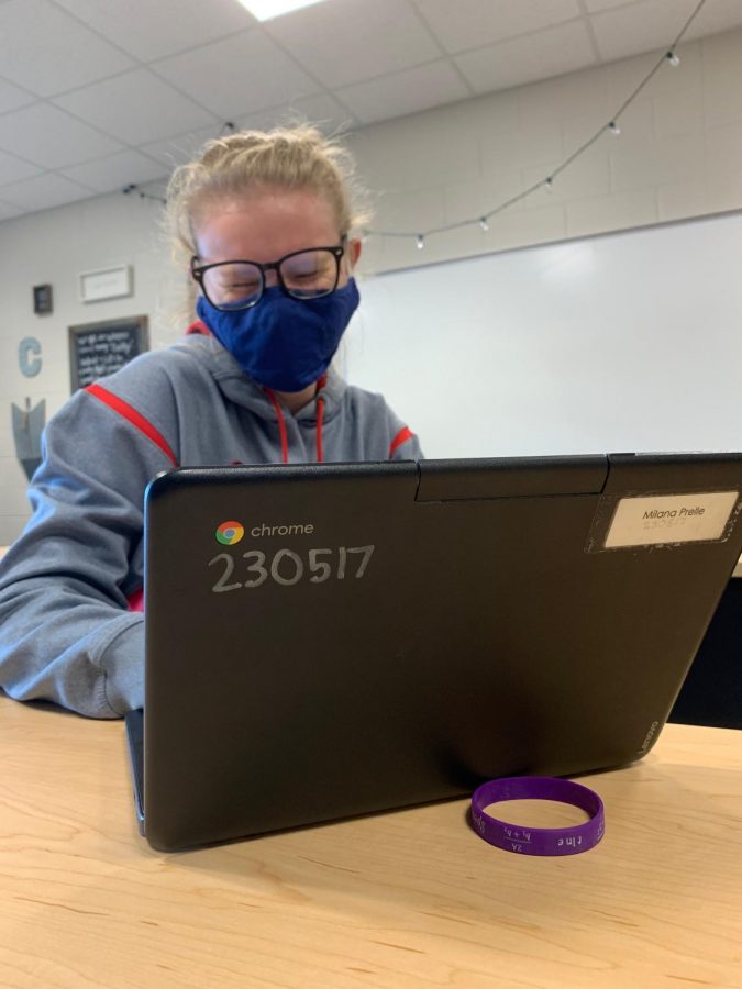 Laney Prelle, sophomore, works on her Chromebook while at school.