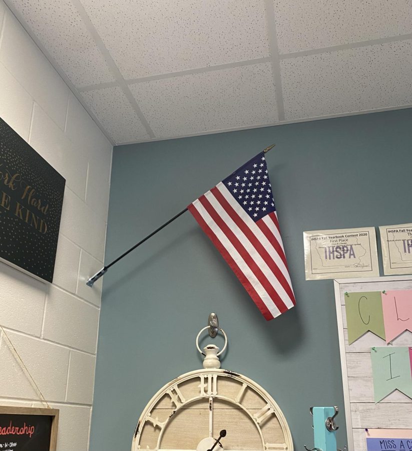 The American flag displayed in the Liberty journalism room (H042)