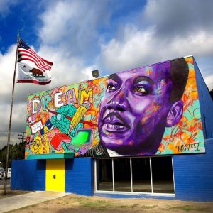 Mural painted at the Martin Luther King Elementary School in Compton in 2016. It was created by Mark Deren in partnership with the Branded Arts for Turnaround Arts California.