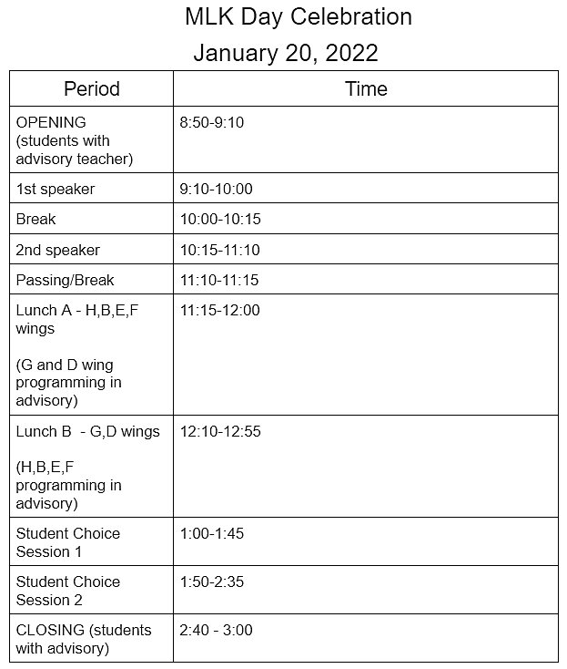 Libertys bell schedule for Jan. 20th.