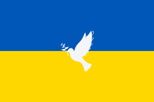 Image of the Ukrainian flag bearing a dove to represent peace in Ukraine. 