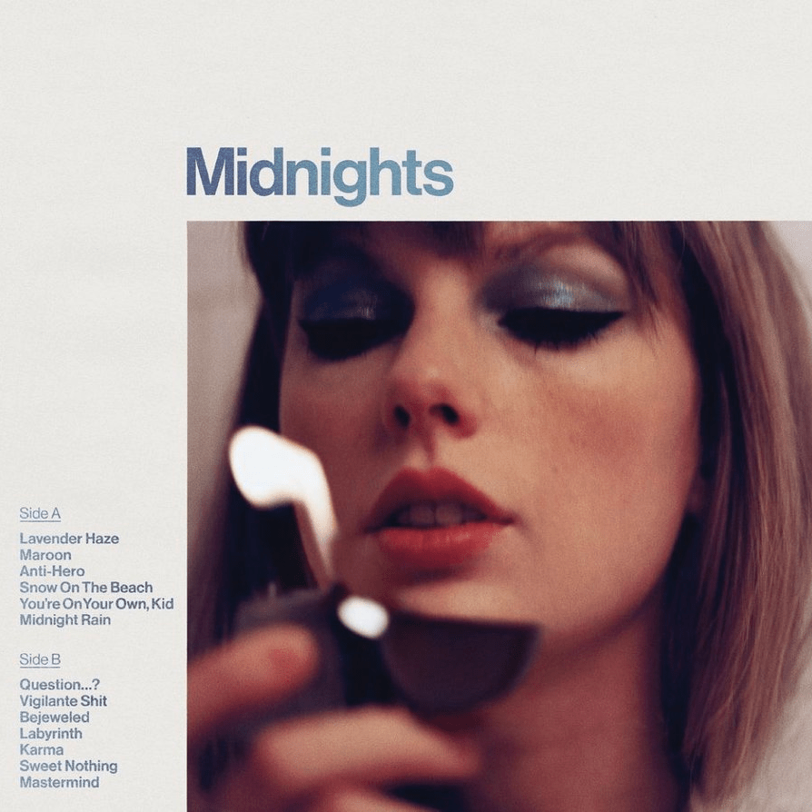 The album cover and track list for Midnights