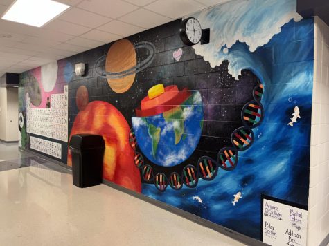 The science mural that shows many elements of things studied in the science classes offered at Liberty.