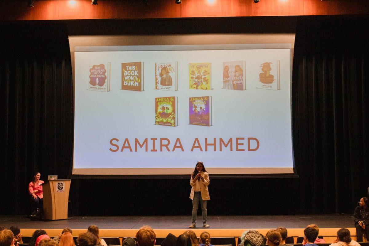 Samira Ahmed spent three periods  third, sixth and seventh periods talking to English classes in the auditorium. (Photo given with permission from Leah Carlson)