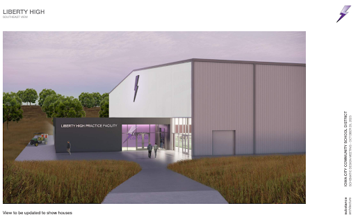 Digital model of the proposed indoor practice facility facing north near the backside of the baseball scoreboard.