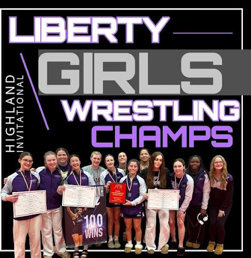 Varsity girls celebrate their tournament victory and senior Taylor Cavanh's 100th career win. PC: IC Liberty Girls Wrestling Instagram